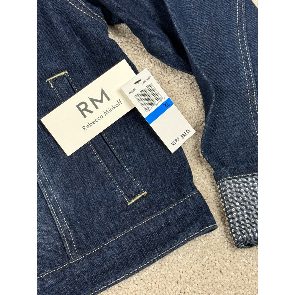 Rebecca Minkoff Womens Denim Jacket XL Dark Wash Rhinestone Cuffs RMD5002 NEW - Picture 4 of 12